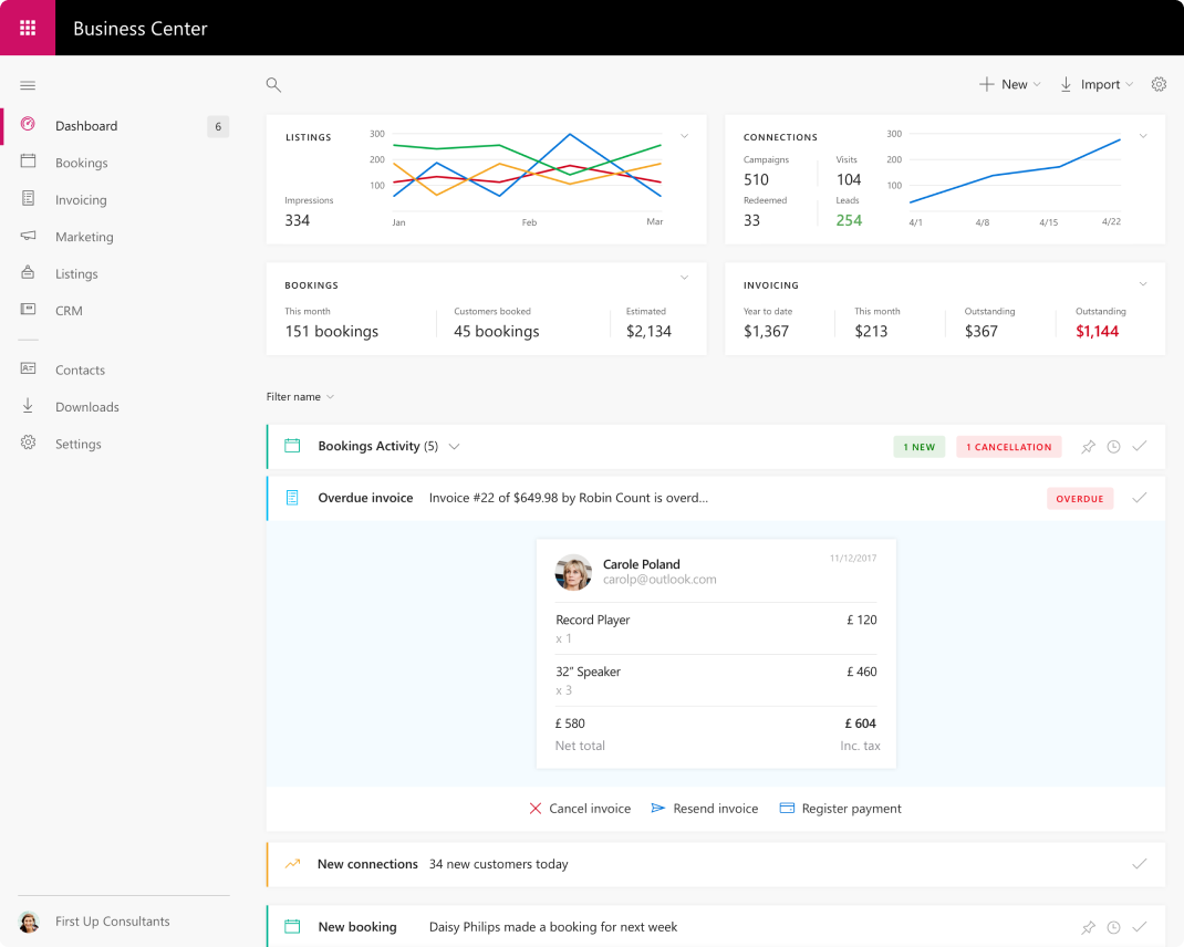 Business Center dashboard with business metrics and recent activity