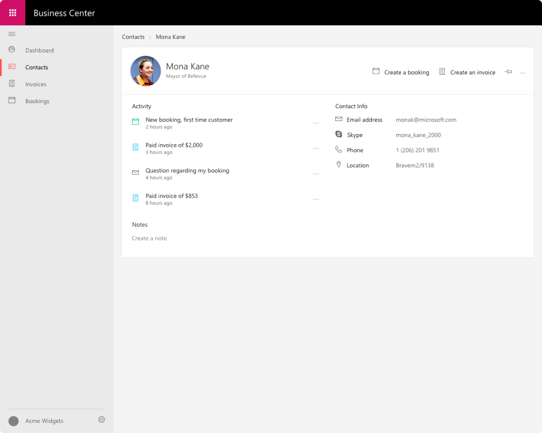 Business Center customer profile with contact details and activity history