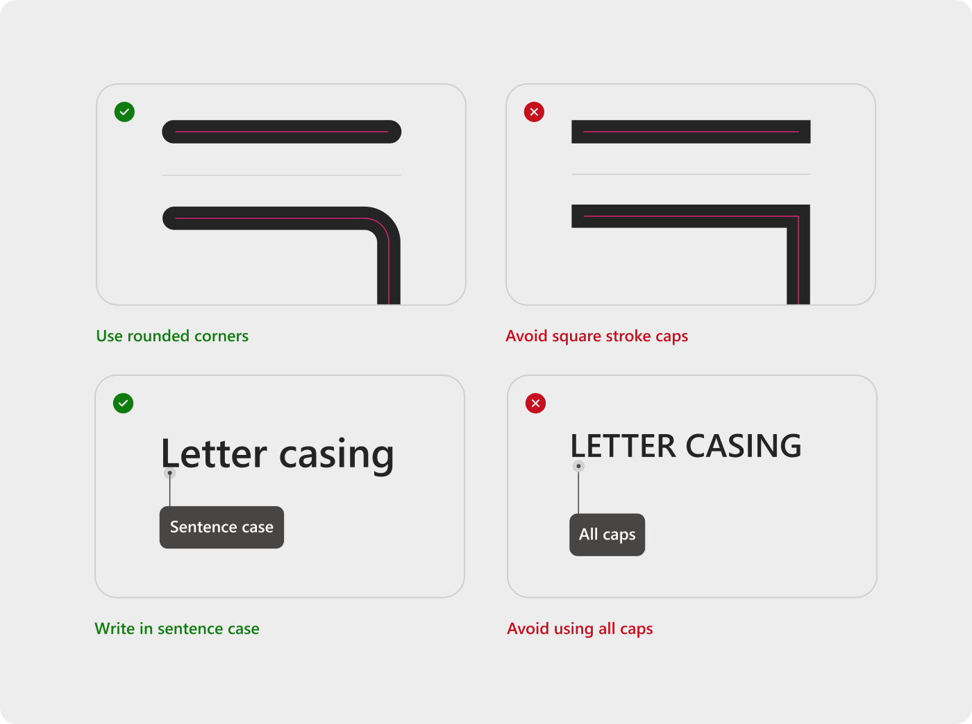 Fluent usage guidance comparing rounded corners and sentence case with discouraged alternatives