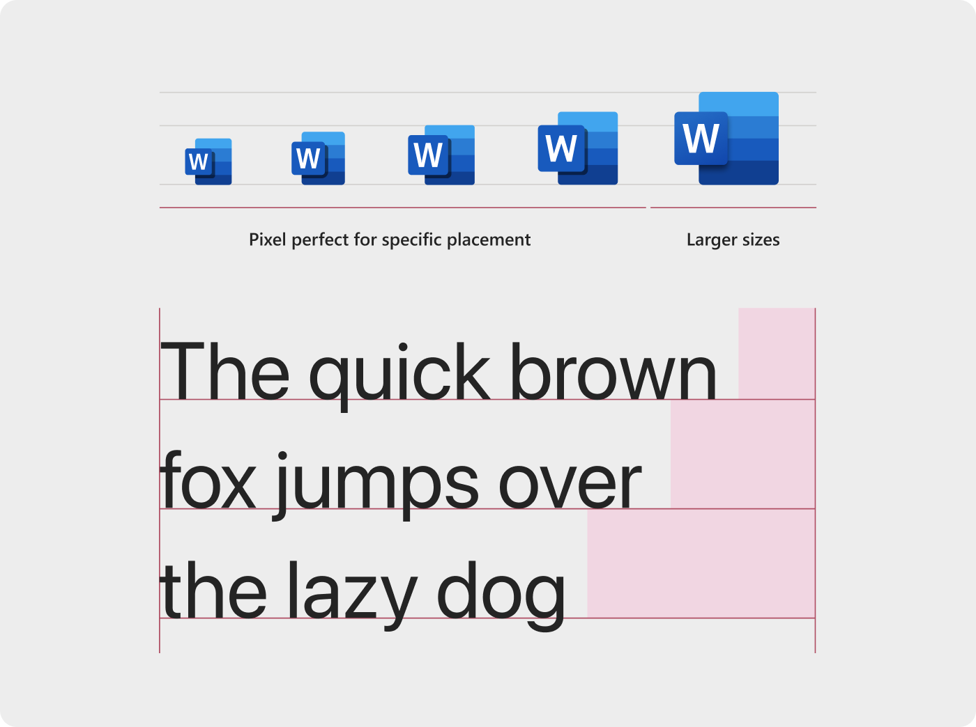 Fluent guidance showing Word icon sizes and typography line height with baseline guides