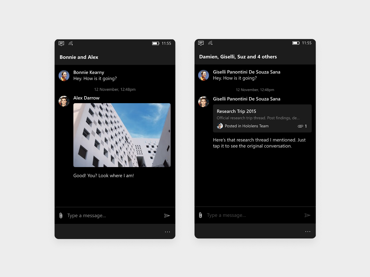 Outlook Groups conversations on Windows Phone with a shared photo and a linked group discussion