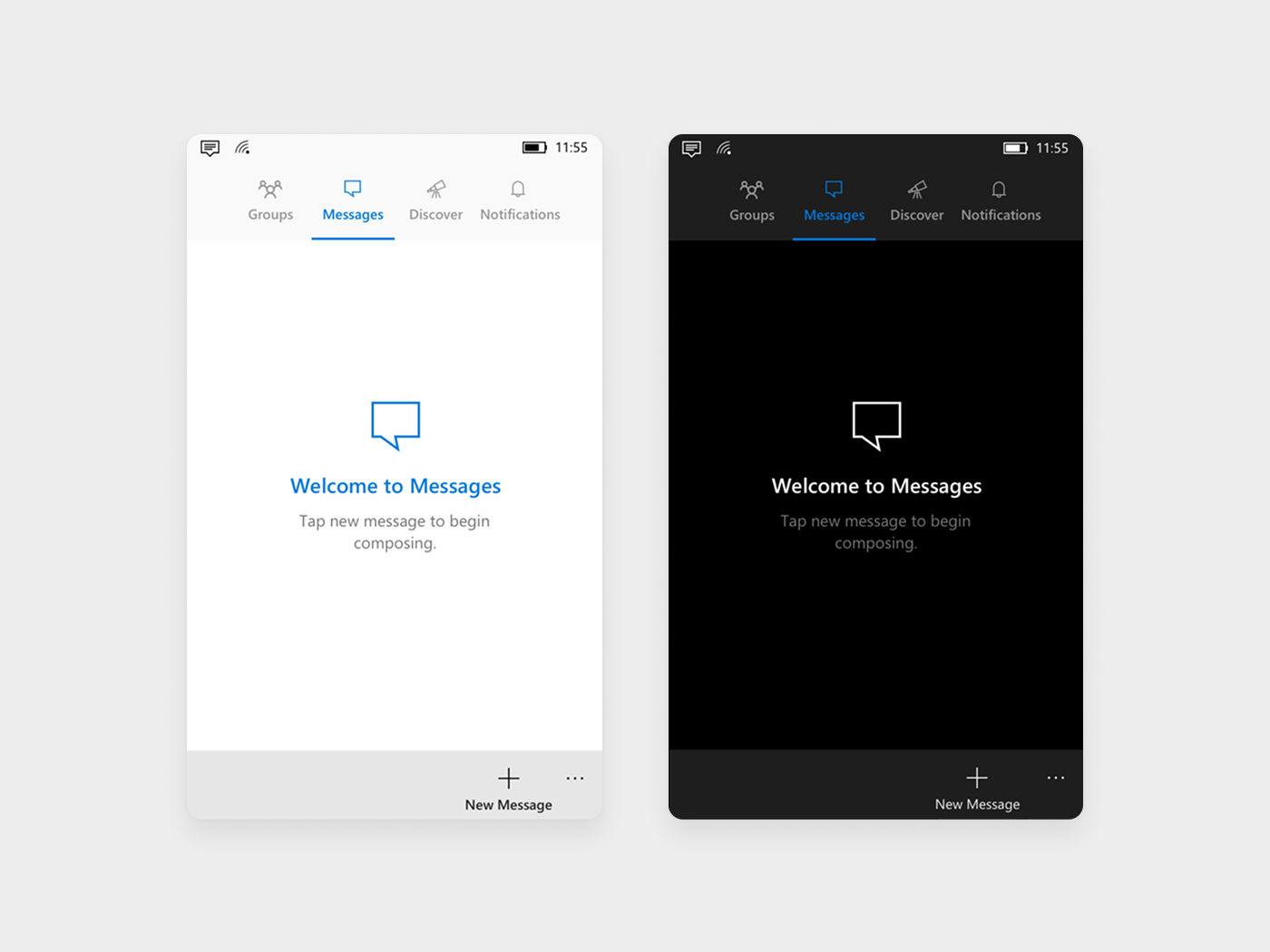 Outlook Groups messaging empty states in light and dark themes on Windows Phone