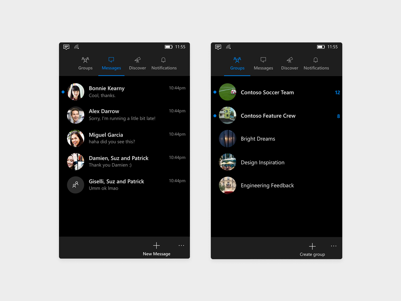 Outlook Groups on Windows Phone showing direct messages and group lists